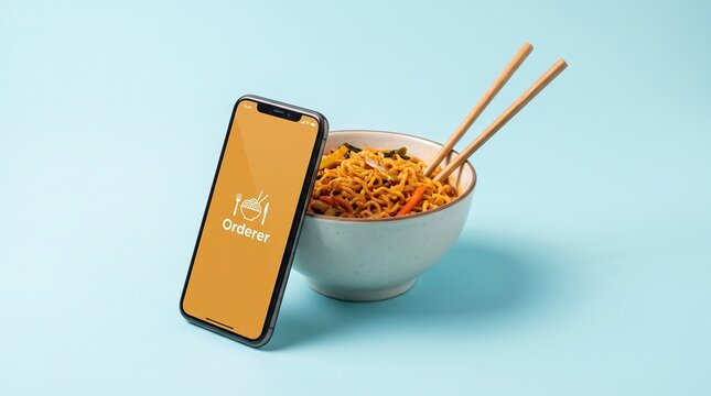 Smartphone displaying food delivery app next to a bowl of noodles with chopsticks ramen bowl noodle dish mobile order takeaway food digital delivery asian cuisine smartphone screen hot noodles