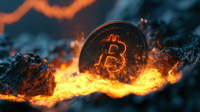 Bitcoin cryptocurrency coin emerging from molten lava with glowing orange light.