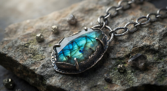 Handcrafted labradorite gemstone necklace on oxidized silver chain, artisan crystal pendant jewelry, mystical blue labradorite stone on natural rock