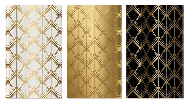 Elegant Art Deco seamless patterns with golden geometric lines on various backgrounds