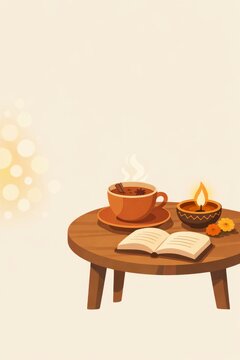 Cozy tea cup and open book on wooden table with lit diya and marigold flowers for diwali greeting card background and warm festival scene