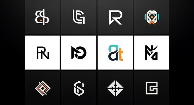 Collection of twelve modern abstract letter logos and monograms on grid