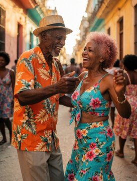 Happy elderly Cuban couple dance together on Havana street. Senior man in orange tropical shirt, straw hat laughs with wife. Smiling woman in floral summer outfit enjoys salsa rhythm. Authentic