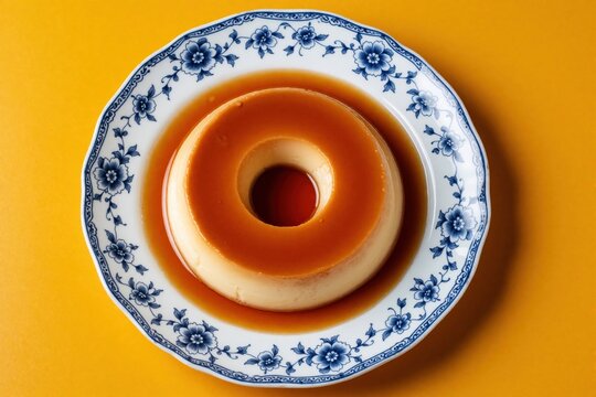 Traditional Brazilian pudding pudim de leite served on blue, white floral plate. Sweet caramel custard dessert with creamy texture, golden sauce. Top view of delicious homemade flan on bright yellow