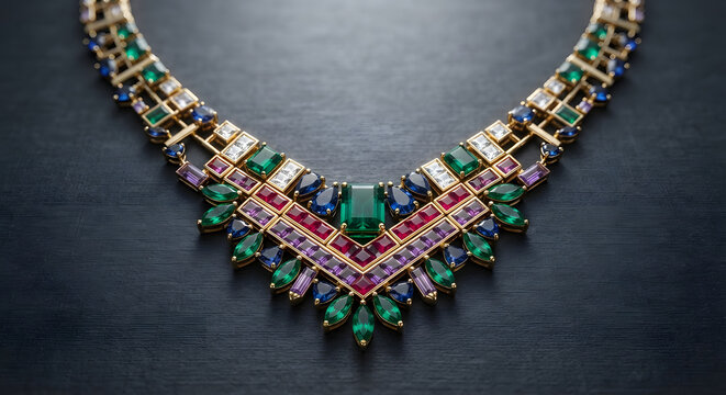 Art Deco gold necklace with emeralds and rubies, luxury gemstone jewelry on dark background, elegant diamond and sapphire collar piece
