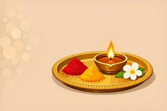 Diwali puja thali with lit oil lamp and red and yellow powdered pigments on a decorative plate for diwali festival greeting banner and cultural background