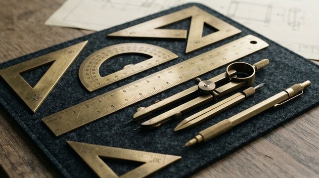 Vintage brass drafting tools and geometric instruments on a dark felt mat