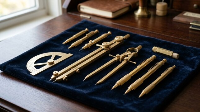 Vintage brass drafting tools arranged on a blue velvet mat for architectural design