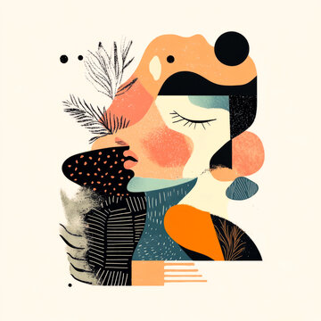 Abstract surreal biomorphic portrait of woman face with geometric art shapes