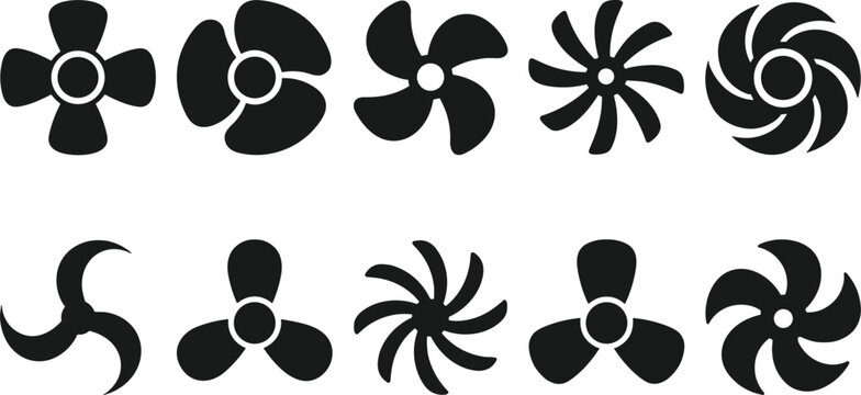 Fan Blade Icon Set. Collection of Industrial and Ventilation Fan Symbols Isolated on White Background