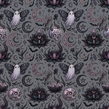Repeat seamless pattern of ghost figures with butterfly wings horned