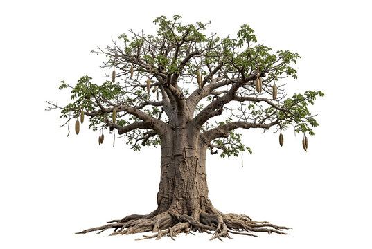 Ultra-realistic mature Za Baobab (Adansonia za), monumental Madagascar baobab with thick cylindrical to swollen trunk, rugged gray-brown bark, heavy spreading branches