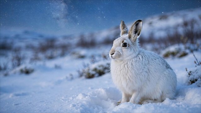 Arctic hare in pristine snow in soft natural light