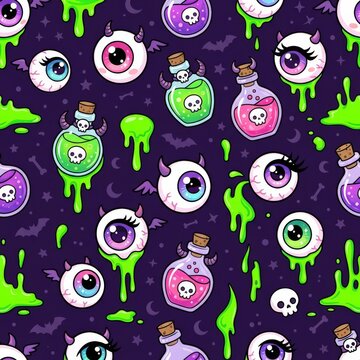 Fantasy seamless pattern featuring colorful eyeballs with slime and