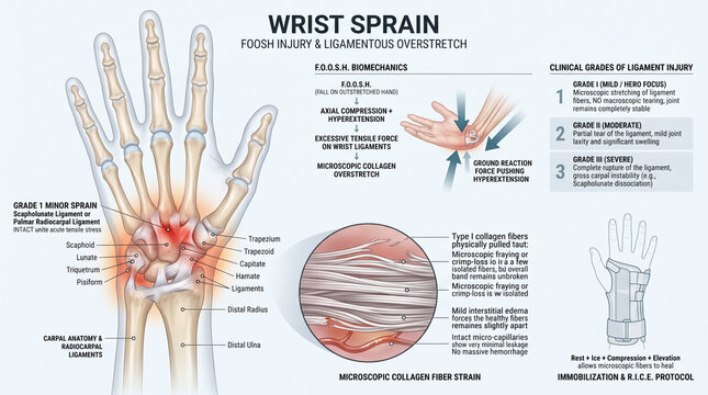 Detailed anatomical infographic illustrating human wrist sprain mechanics grades and ligament injuries with clear medical diagrams and labels