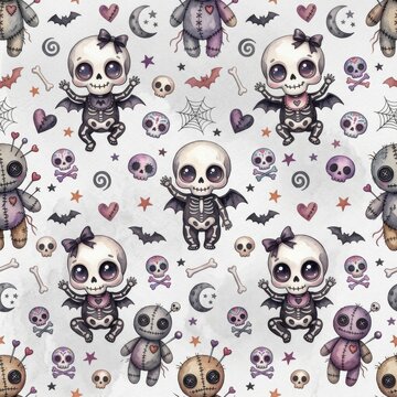 Adorable skeleton babies waving with bat wings and bows among voodoo