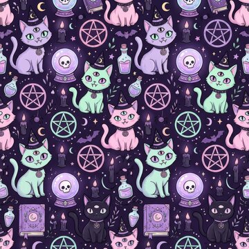 Seamless mystical pattern of three eyed cats in witch hats with