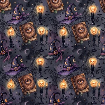 Halloween themed seamless pattern featuring witch hats skull candles