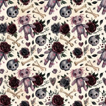 Dark gothic seamless pattern featuring voodoo dolls skulls bones and