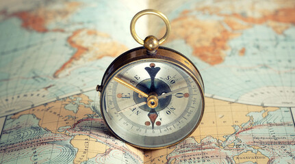 Vintage brass compass on an old geographic map close up. Antique navigation instrument for travel, exploration, geography and discovery concept. Adventure, tourism, cartography and orientation theme. © Tryfonov