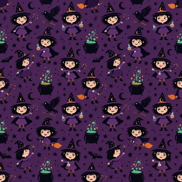 Seamless design of witches wearing purple dresses and hats with magic