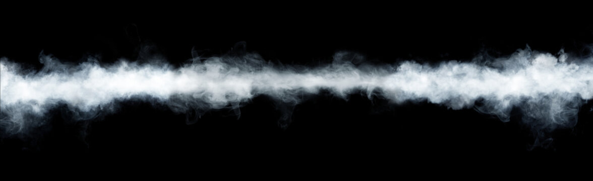 Panoramic view of the abstract fog or smoke move on black background. White cloudiness, mist or smog background.