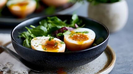 Naklejka na ściany i meble A black bowl holds two halves of soft boiled eggs with runny yolks nestled among fresh green salad leaves