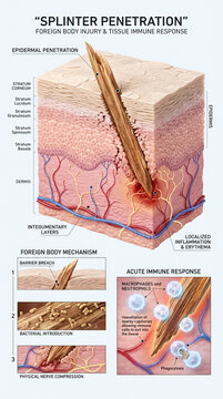 Detailed medical diagram illustrating splinter penetration human skin layers showing tissue immune response and inflammation processes