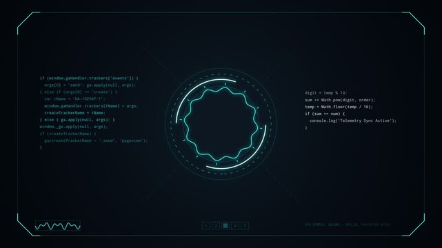 futuristic cyan hud animation with pulsing circular wave loader and scrolling javascript code on dark screen