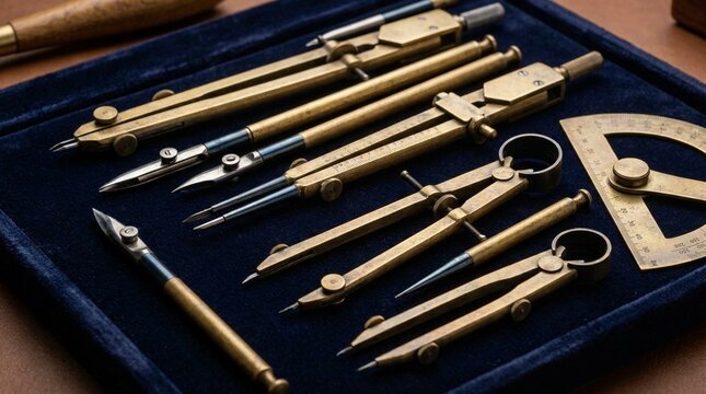 Vintage brass drafting tools set arranged on a dark blue velvet display mat