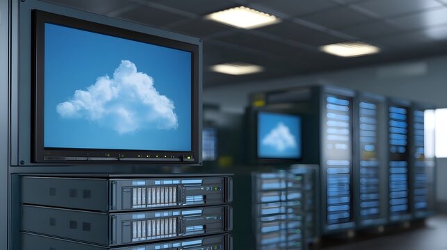 Modern server room with multiple rack mounted servers and monitors displaying cloud imagery for data storage and computing infrastructure