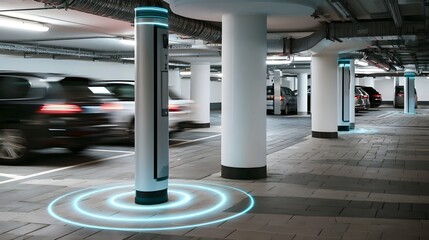 Obraz premium Modern smart parking system with glowing sensors and motion blurred cars in an underground garage