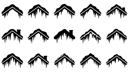Fototapeta premium Set of black house roof icons covered with snow and hanging icicles for winter season design