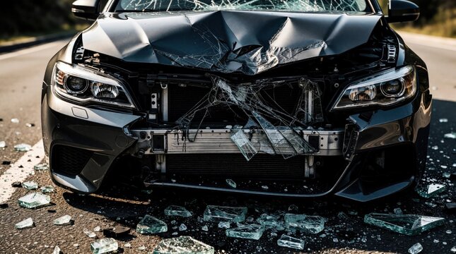 Dark gray car with heavy front end damage on road. Broken glass shards lie on asphalt after bad crash. Crumpled hood, smashed headlights show impact of collision. Automobile repair insurance claim
