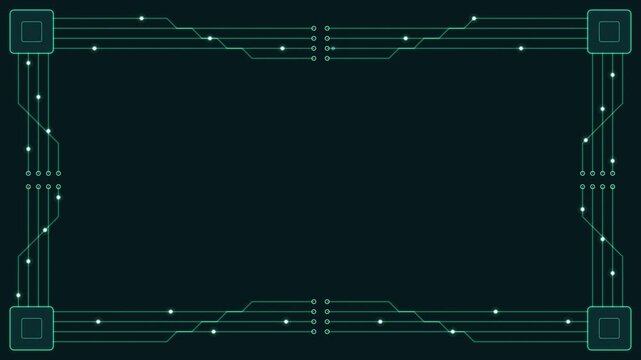Green circuit board traces with glowing data pulses framing an empty dark area