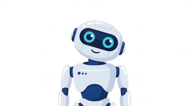 Friendly AI robot character with blinking eyes and gentle head movement, clean minimalist 2D vector animation on white background, modern artificial intelligence technology concept
