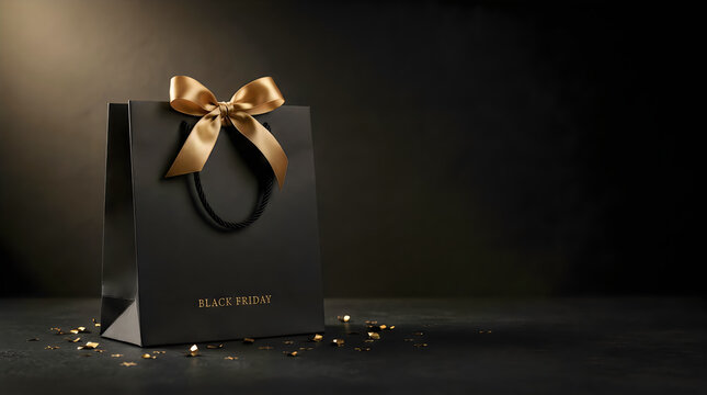 Black shopping bag with gold ribbon on dark background