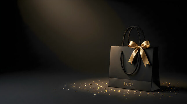 Elegant black gift shopping bag with gold ribbon