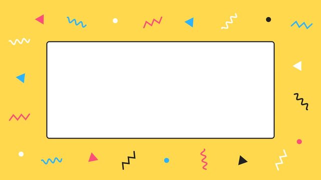 Memphis style squiggles and triangles moving around an empty framed panel on yellow