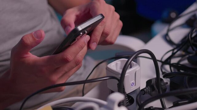 Close-up of hands tapping smartphone while adjusting plug into multi-outlet power strip amid tangled chargers and cables