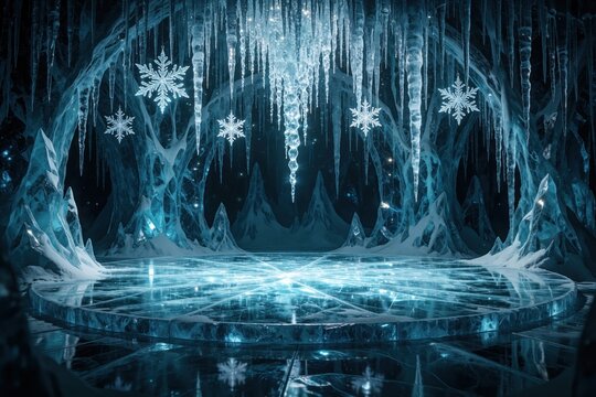 Empty stage in enchanted ice palace with crystal floor. Shimmering icicles hang from ceiling in blue frozen hall. Fantasy winter background with snowflakes, magical glow. Cold arctic castle interior