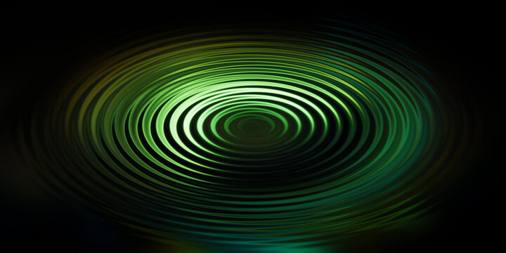 Concentric green circular waves glowing against dark background creating soundwave effect.