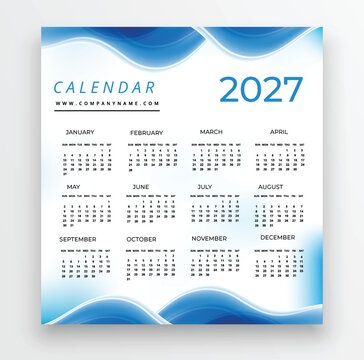 2027 calendar template. Minimalist yearly date calendar clean wave background and professional planner layout