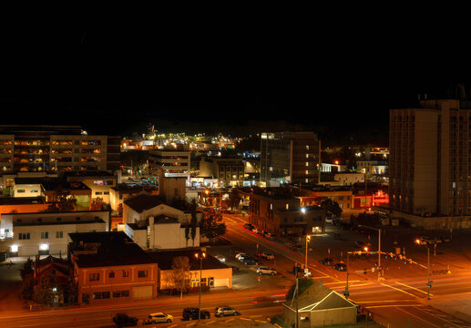 Anchorage Alaska downtown aerial cityscape at twilight with dramatic cloudscape in United States