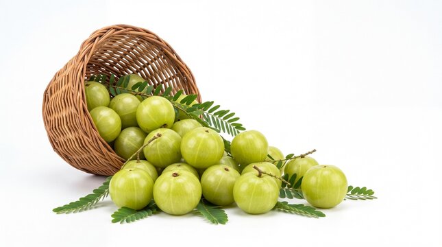 Fresh amla fruits spilling out from a woven wicker basket isolated on white background