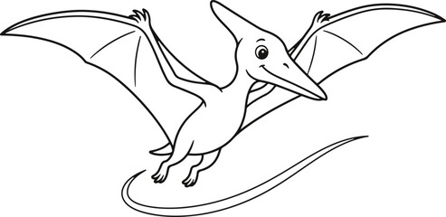 Obraz premium A cute flying pterodactyl dinosaur character for children to enjoy as a fun black and white coloring page for creative artistic educational activity time