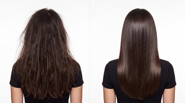 Comparison of damaged dry hair before and healthy shiny smooth straightened locks on white background
