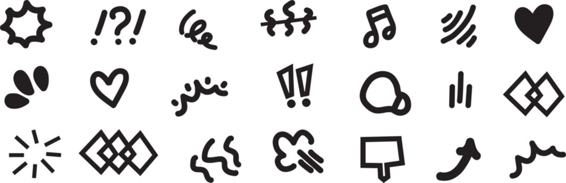 Set of hand drawn doodle icons and decorative elements for scrapbooking and digital design projects