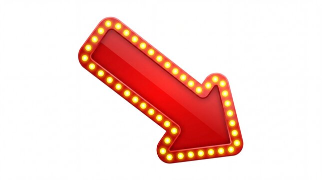 Red diagonal arrow sign with glowing yellow light bulbs pointing downwards isolated on white background