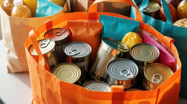 Closeup of orange tote bag filled with canned food. Metal tins, packets inside bag for charity donation. Volunteers pack groceries for food pantry community food drive to help hungry people in need